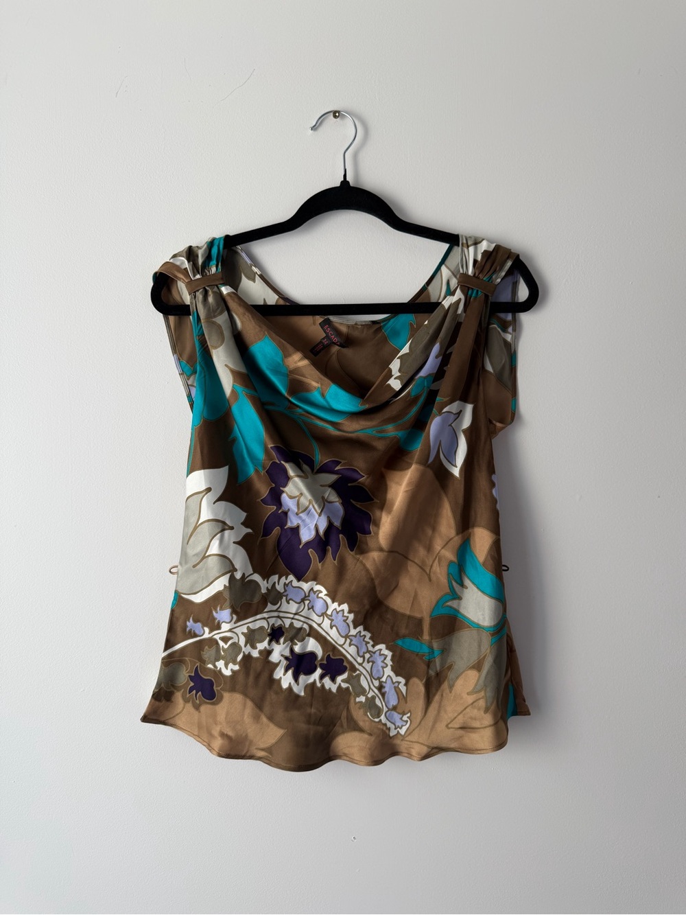 Escada Brown Floral Satin Cowl Neck Camisole with Teal & Purple Accents